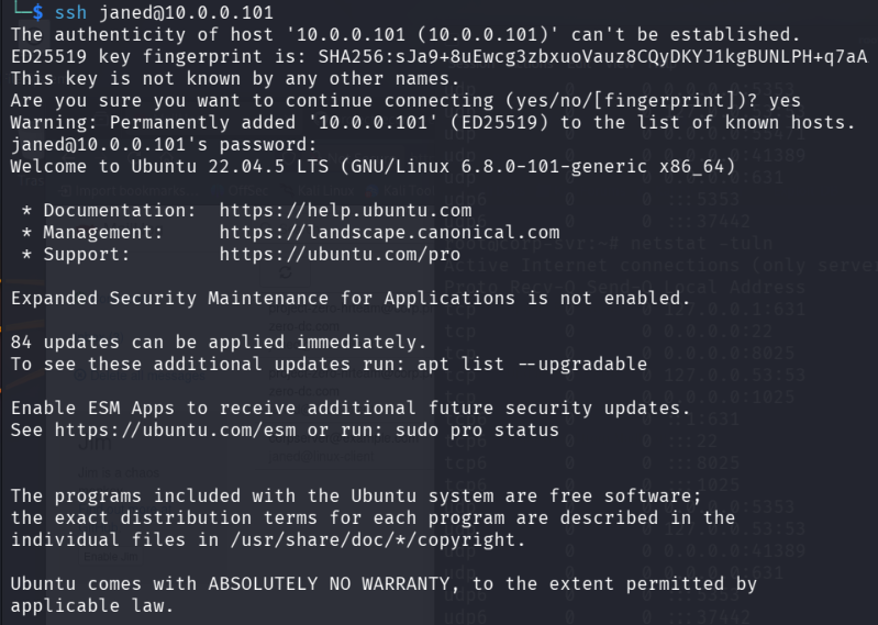 Successful SSH session from Kali to linux-client (10.0.0.101) using Jane’s captured credentials.