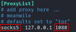 Updating the ProxyChains configuration to route traffic through a local SOCKS5 proxy on 127.0.0.1:1080.