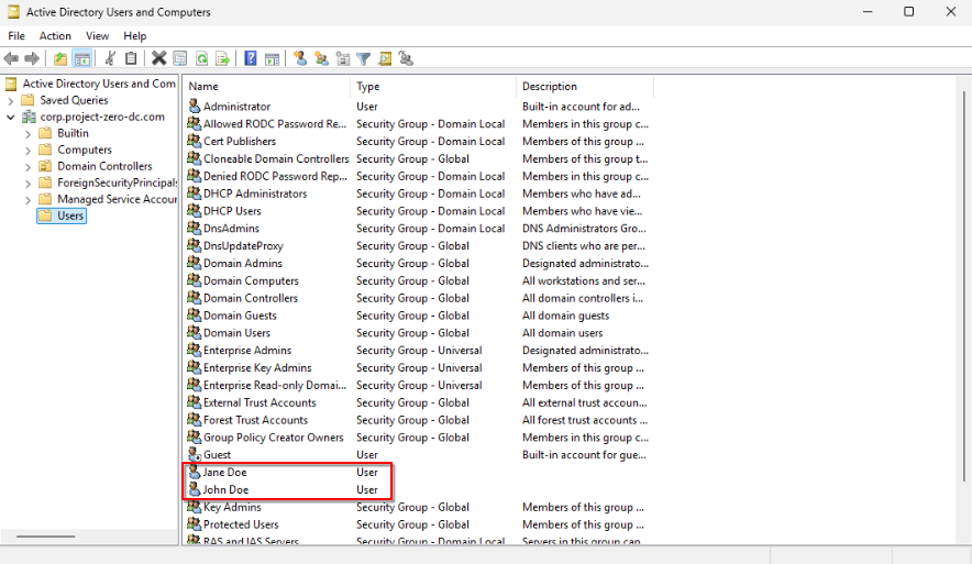 User objects created in Active Directory Users and Computers to represent lab employees, enabling realistic sign‑ins, group membership testing, and permission scenarios.