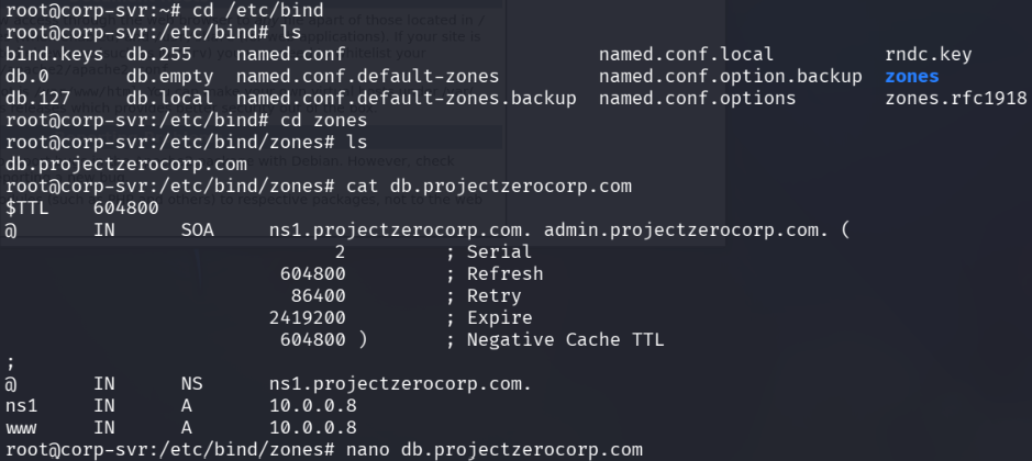 Exploring /etc/bind and the /zones directory to locate the forward zone file for projectzerocorp.com .