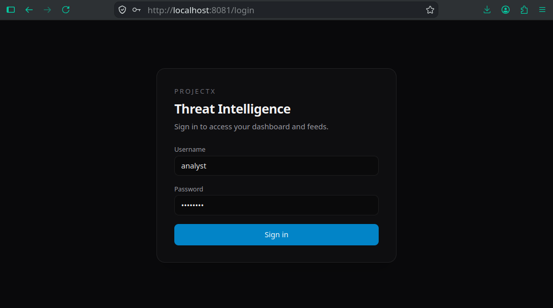Verified access to the vulnerable threat intelligence application through the local Nginx reverse proxy.