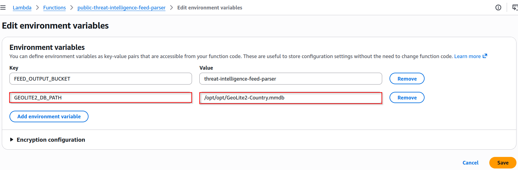 Configured the environment variables required by the public threat intelligence feed parser.
