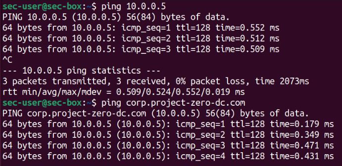Connectivity checks from sec-user@sec-box to 10.0.0.5 and corp.project-zero-dc.com , confirming that the security server can reach core AD services on the internal network.