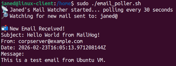 The polling script detects the new message immediately and displays the sender, subject, timestamp, and body retrieved from the MailHog API.