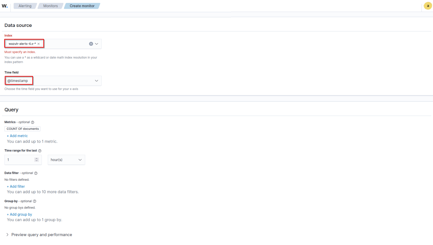 Configure the data source to use the wazuh-alerts-4.x-* index and @timestamp time field.