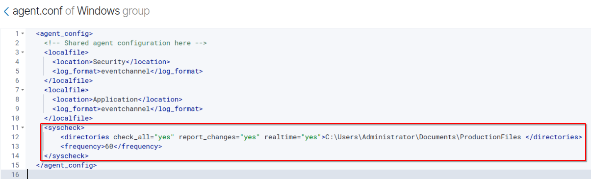 Add a syscheck entry to watch the ProductionFiles directory for changes.