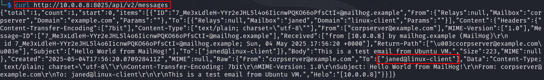Querying the MailHog API on http://10.0.0.8:8025/api/v2/messages to list messages, including an email sent to janed@linux-client