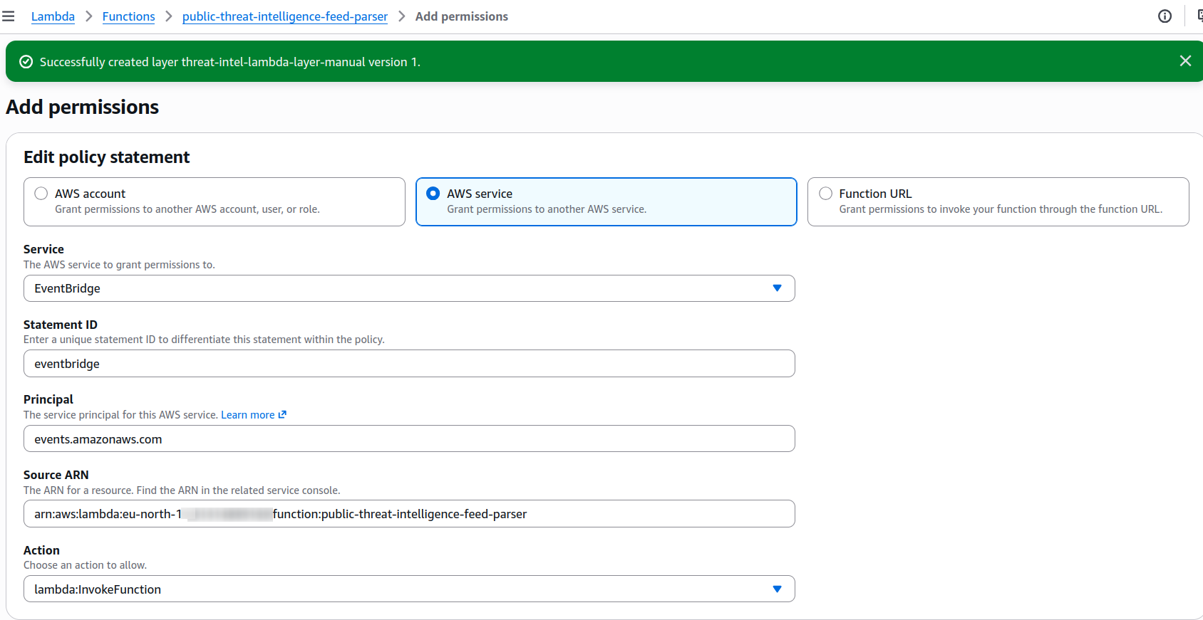 Configured invocation permissions for the public-threat-intelligence-feed-parser Lambda function.