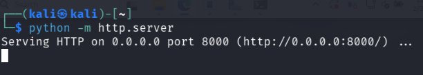 Starting a lightweight Python HTTP server on Kali to host reverse.ps1 so it can be downloaded from the domain controller over HTTP.