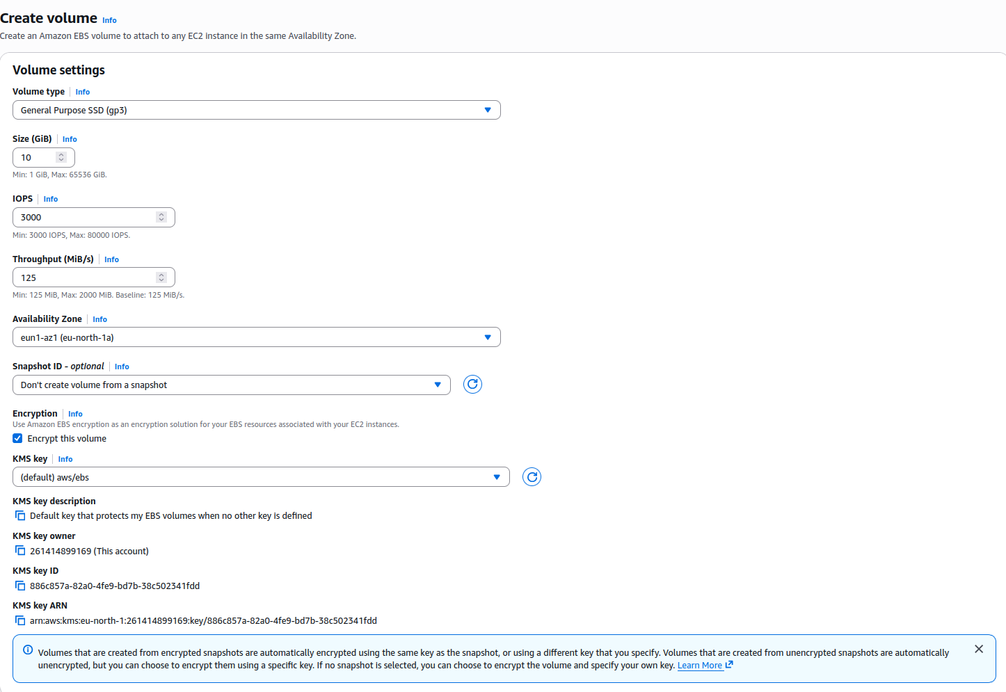 Creating a 10 GiB encrypted gp3 EBS volume in eu-north-1a for attachment to the production web server.