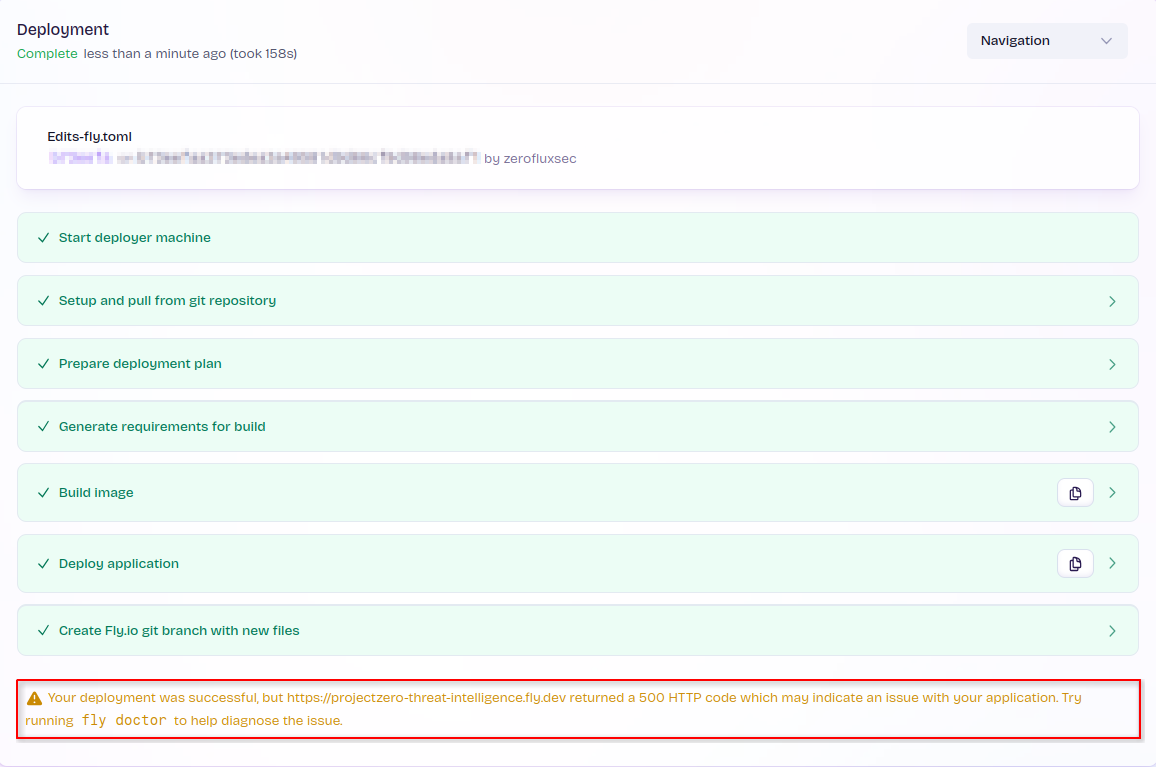 Initial deployment completed successfully, but the application returned HTTP 500 because the Neon database connection had not yet been configured.